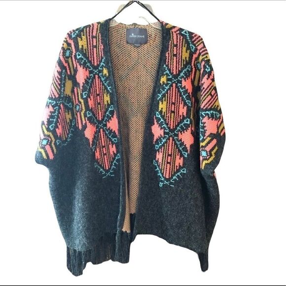 Paper Crane M Gray Orange Aztec Chunky Oversized Poncho Western Fringe Cardigan - Picture 2 of 10